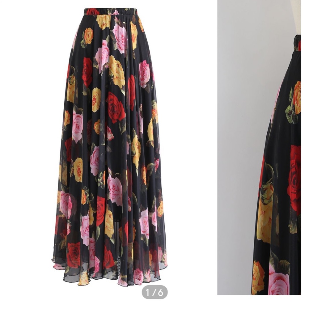 BLOOMING ROSE WATERCOLOR MAXI SKIRT IN BLACK